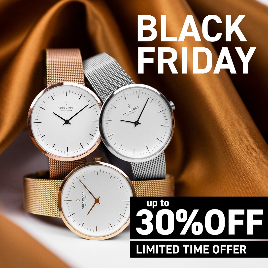 Black Friday sale with three watches, rose, silver, and gold colored bands, on sale up to 30% off.