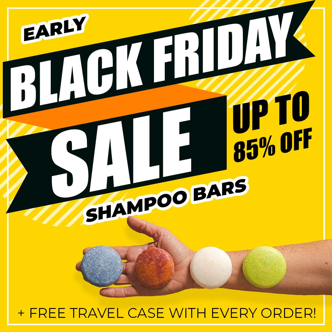 Early Black Friday sale on shampoo bars, up to 85% off. Hand holding four colorful bars, yellow background. Free travel case.