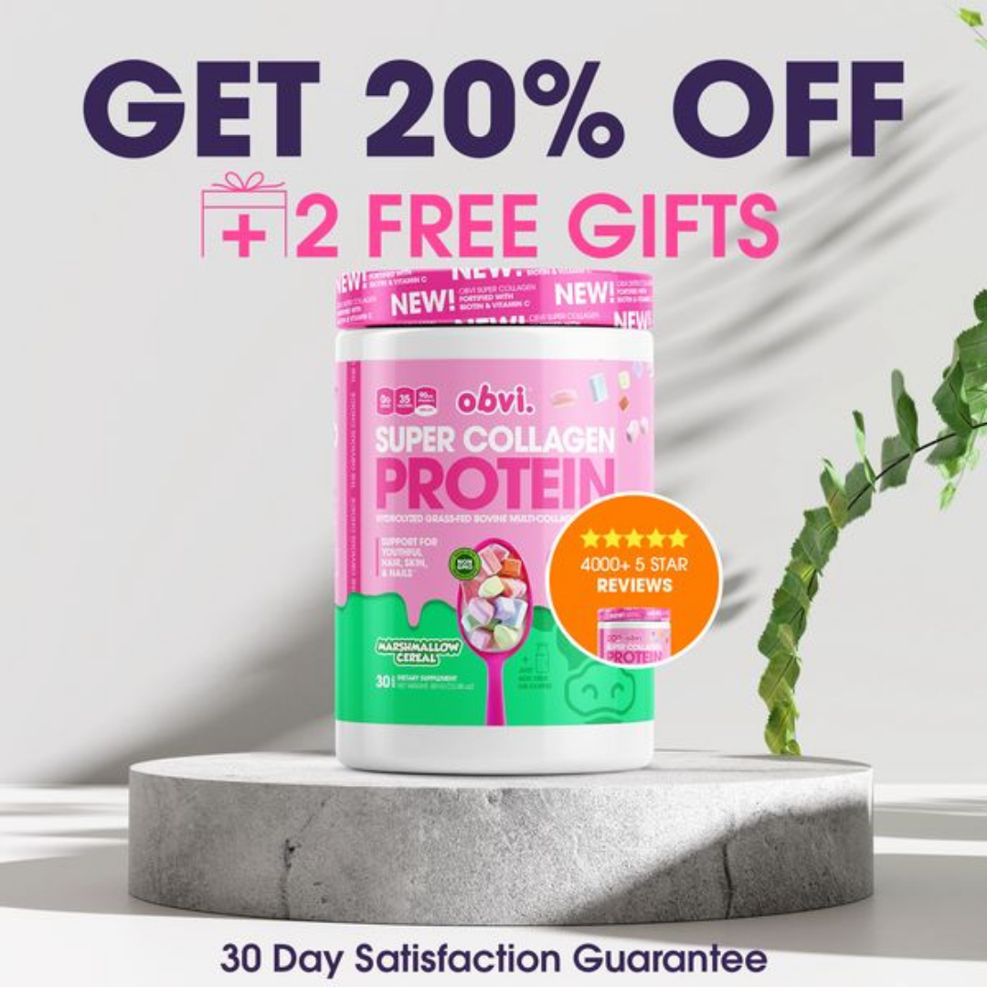 Pink and green protein supplement with discount offer.