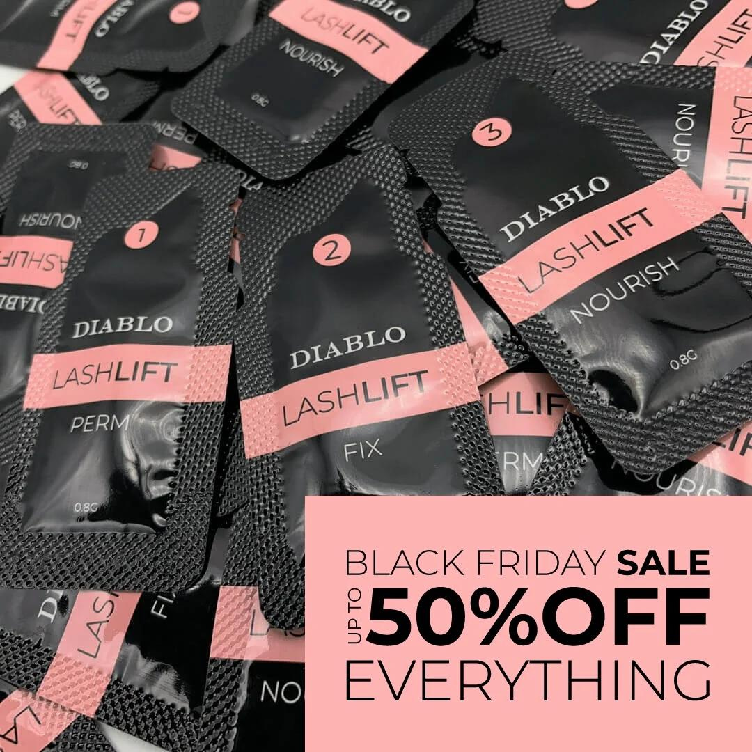 Pile of Diablo Lashlift product packets with a
