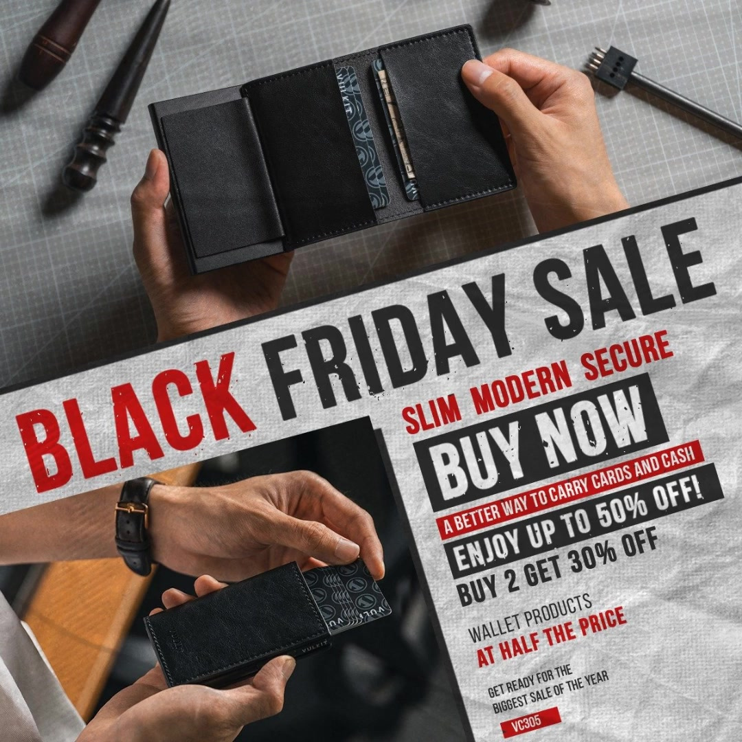 Black Friday sale ad featuring a wallet, offering up to 50% off. Hands holding wallets, with text overlay.