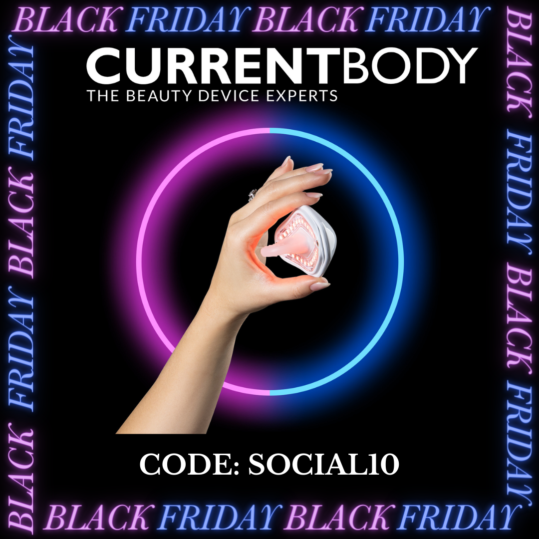 Black Friday ad for CurrentBody beauty devices. A hand holds a device with a pink and blue neon background. Code SOCIALIO.