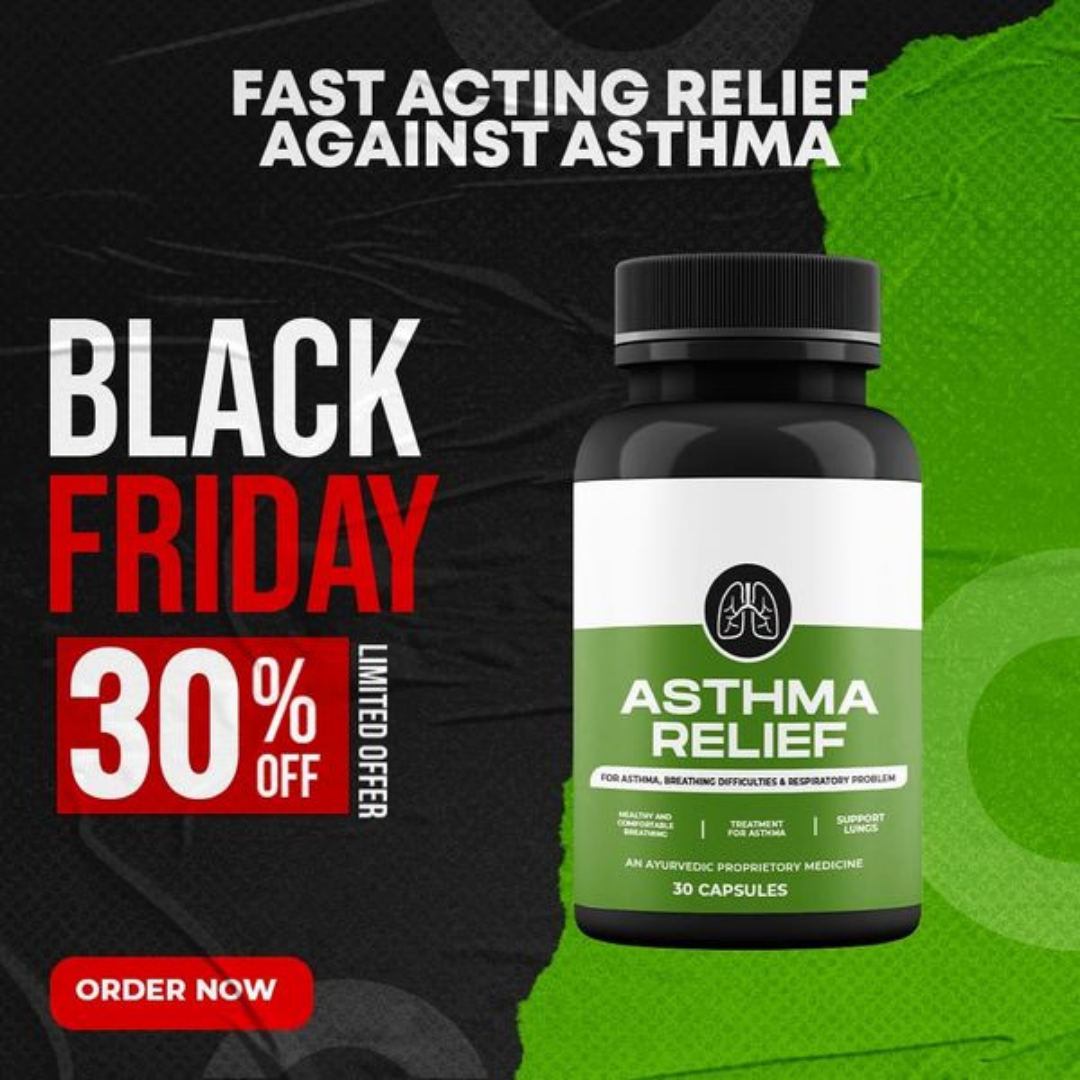 Black Friday sale: Asthma Relief pills, 30% off, bottle on green background.