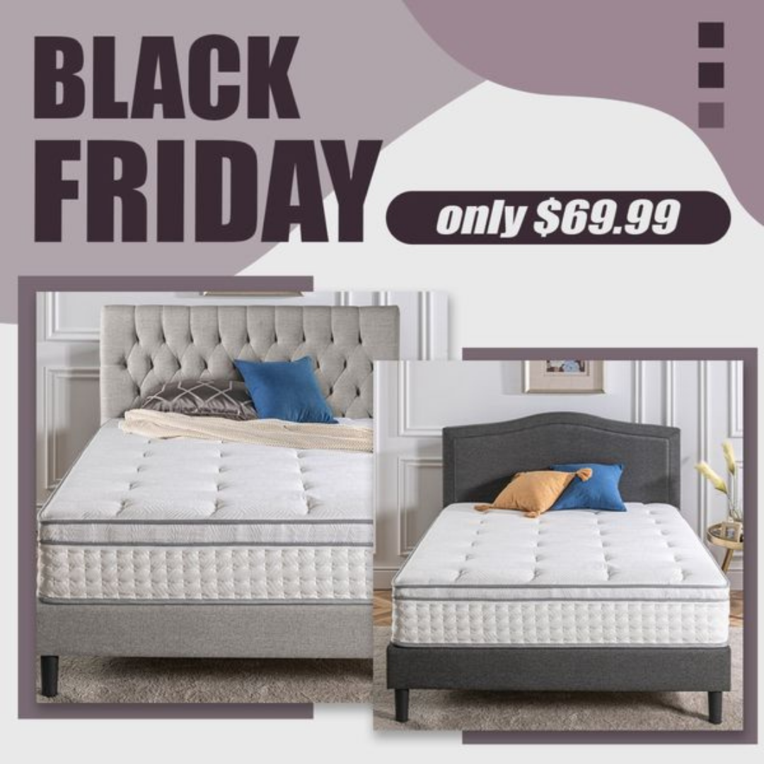 Black Friday mattress sale, twin beds, two styles: tufted headboards, grey fabric, for $69.99.