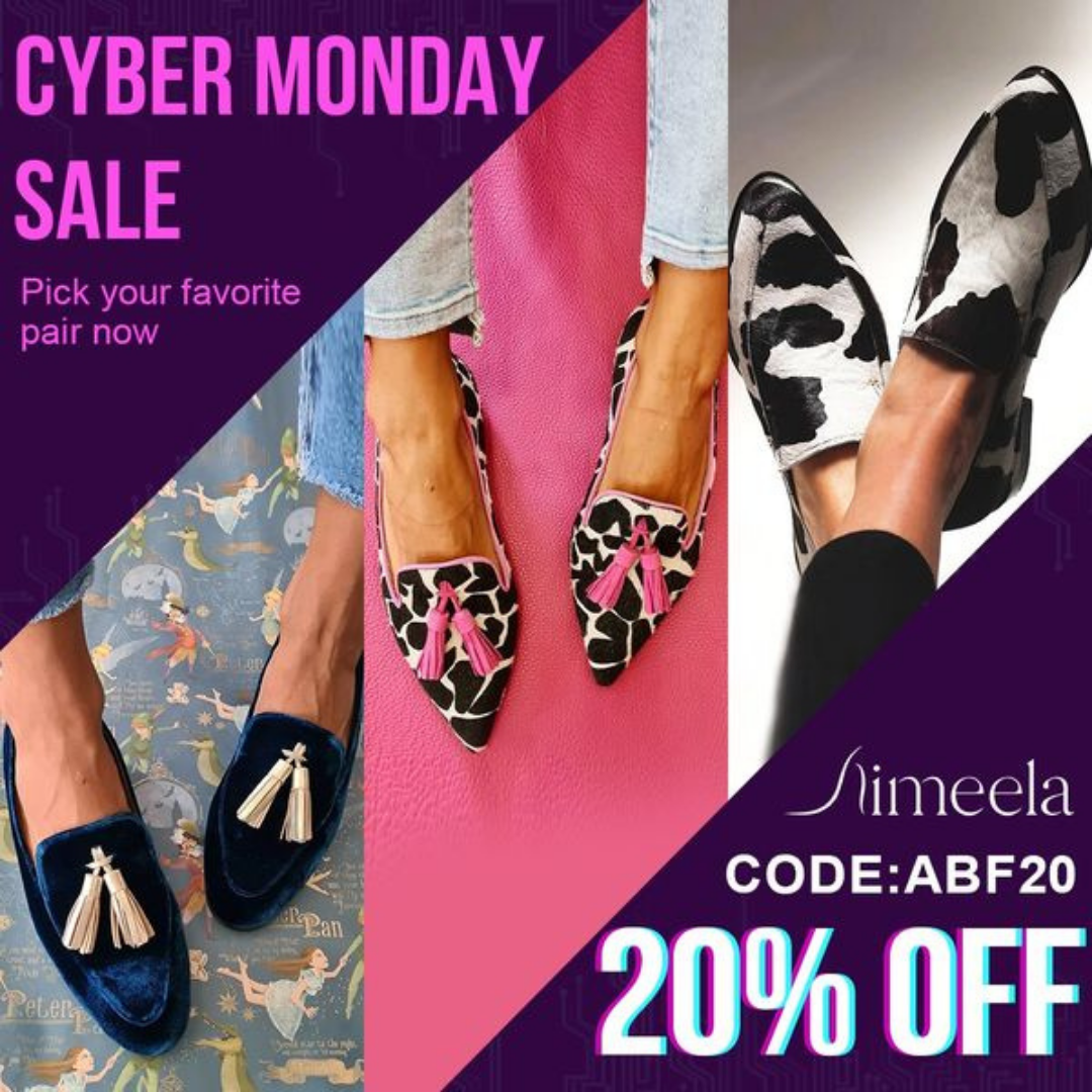 Cyber Monday sale ad for Aimeela shoes, offering 20% off with code ABF20. Features three pairs of animal-print loafers.