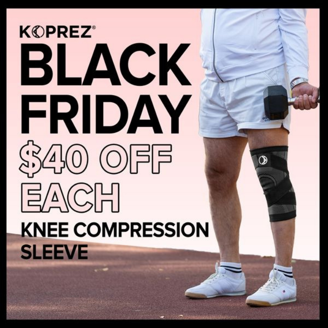 Black Friday sale: $40 off Koprez knee compression sleeves. Person wearing sleeve on leg, holding weight in outdoor setting.