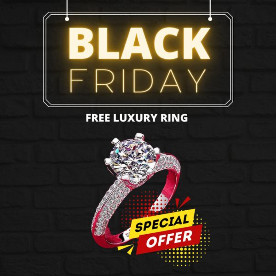 Black Friday ad: diamond ring with a red band, special offer, against a black brick wall.