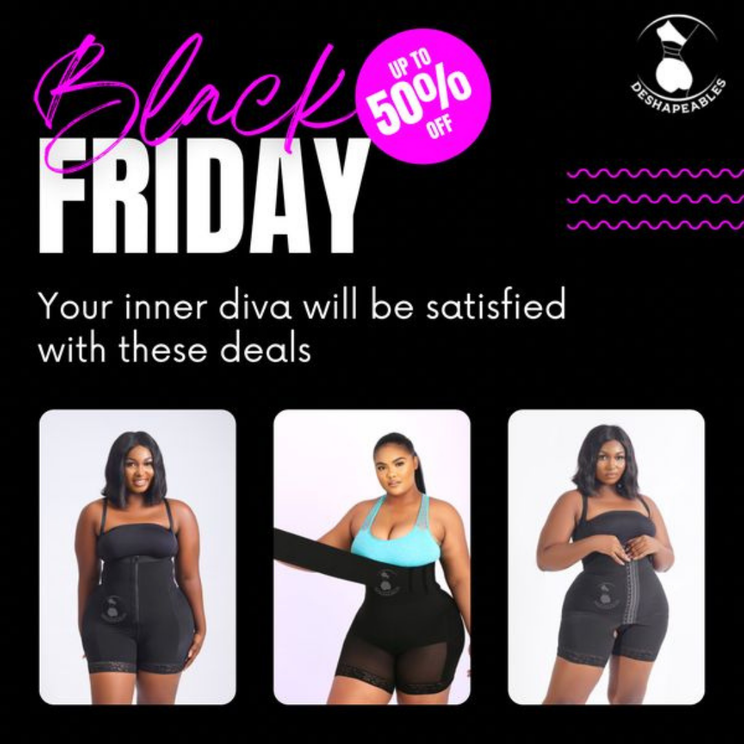Black Friday sale advertisement featuring shapewear. Women model different garments, with text 