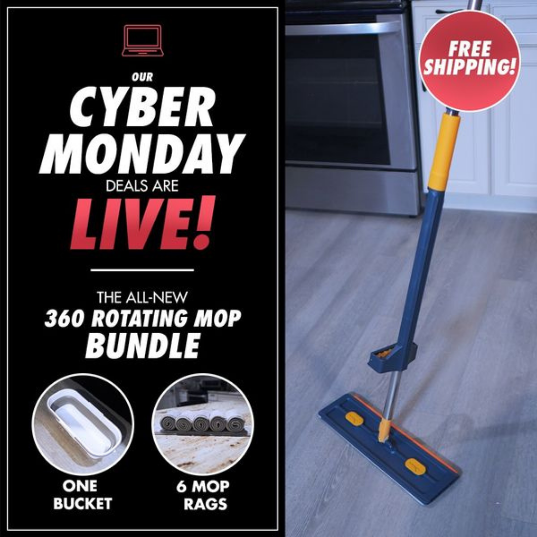 Cyber Monday sale ad: 360 rotating mop bundle with bucket, rags, and 