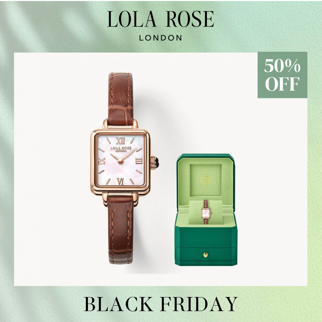 Lola Rose London watch with brown leather strap, alongside watch case, with 50% off Black Friday text.