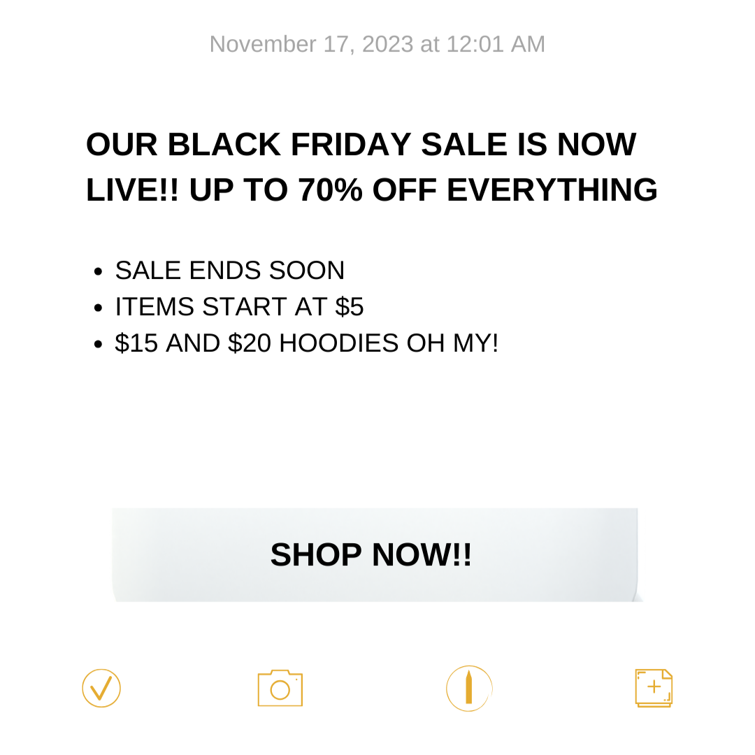 Black Friday sale announcement: up to 70% off. Sale ends soon, items start at $5, hoodies for $15 & $20. 