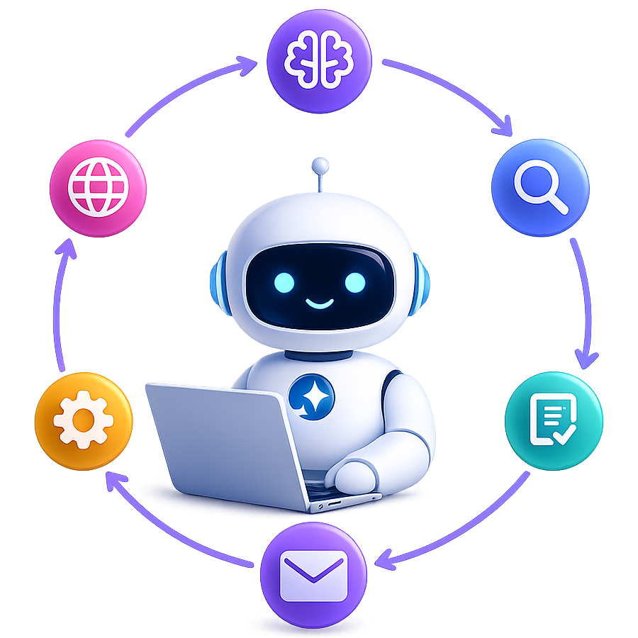 Friendly white robot using a laptop, surrounded by colorful icons for web, search, settings, email, and AI.