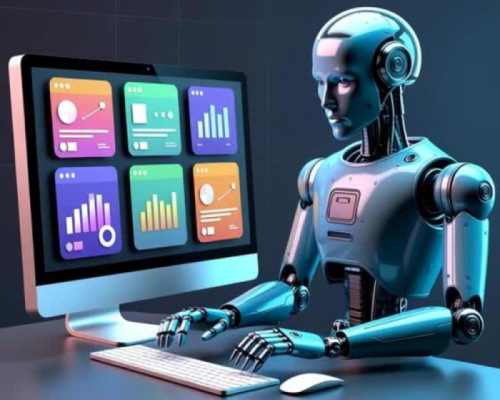 A blue humanoid robot sits at a desk typing on a computer, which displays a screen with six colorful data dashboard tiles.