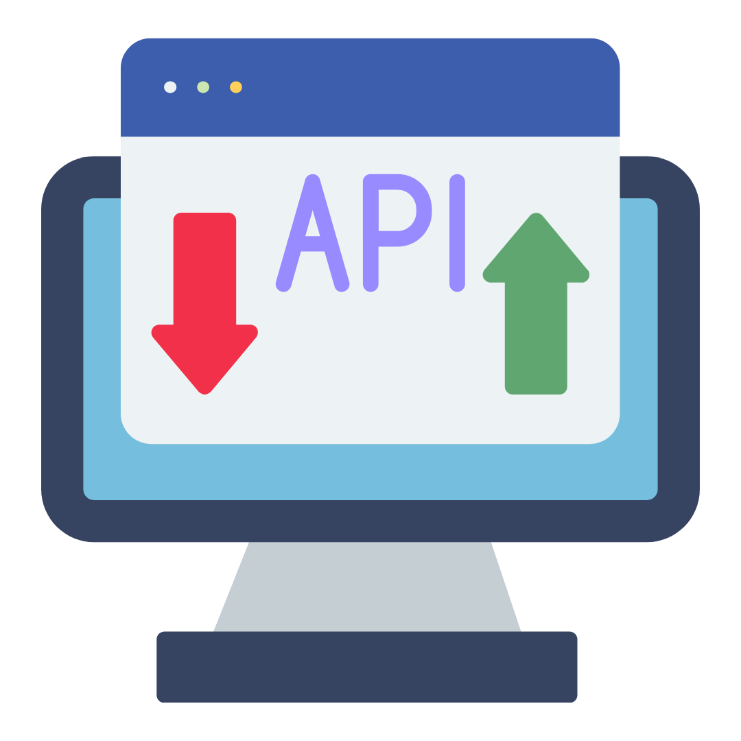 API icon on a monitor with red down arrow and green up arrow