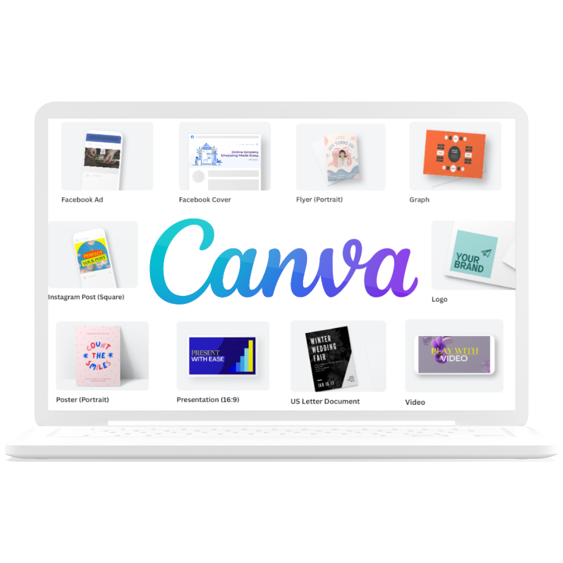 A laptop displaying the Canva interface with various design templates arranged around the central logo.