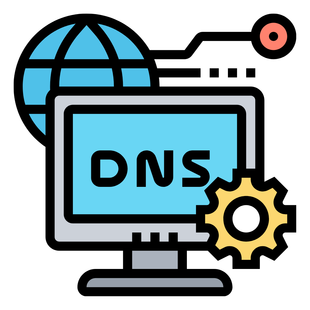 DNS network icon with globe, monitor, and gear in blue and black