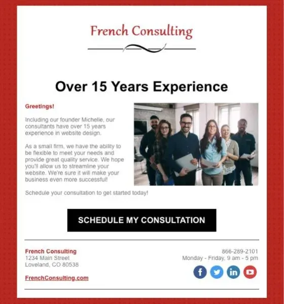 An advertisement for french consulting over 15 years experience