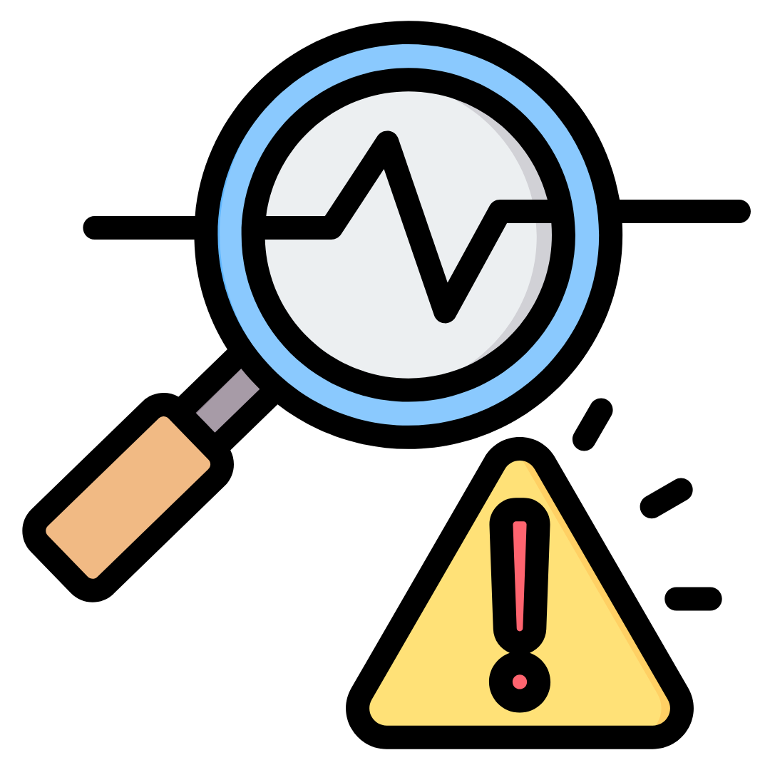 Magnifying glass over heartbeat line beside a yellow warning triangle icon