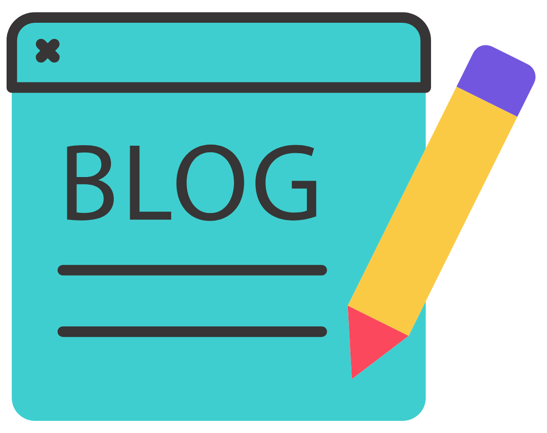 Turquoise blog page icon with a yellow pencil writing, flat illustration