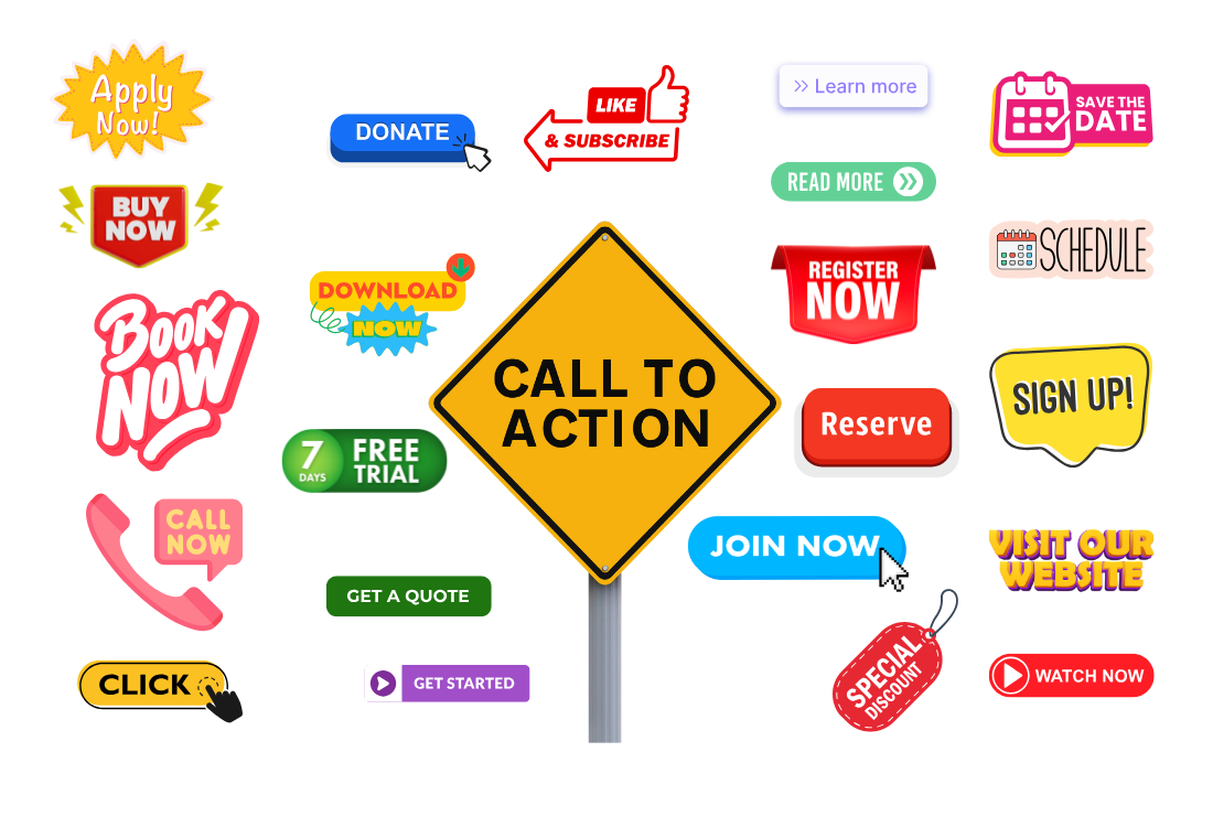 A collection of colorful call-to-action buttons and icons surrounding a yellow road sign labeled 