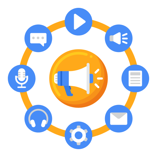 Central megaphone icon surrounded by media and communication symbols in a blue and orange circle