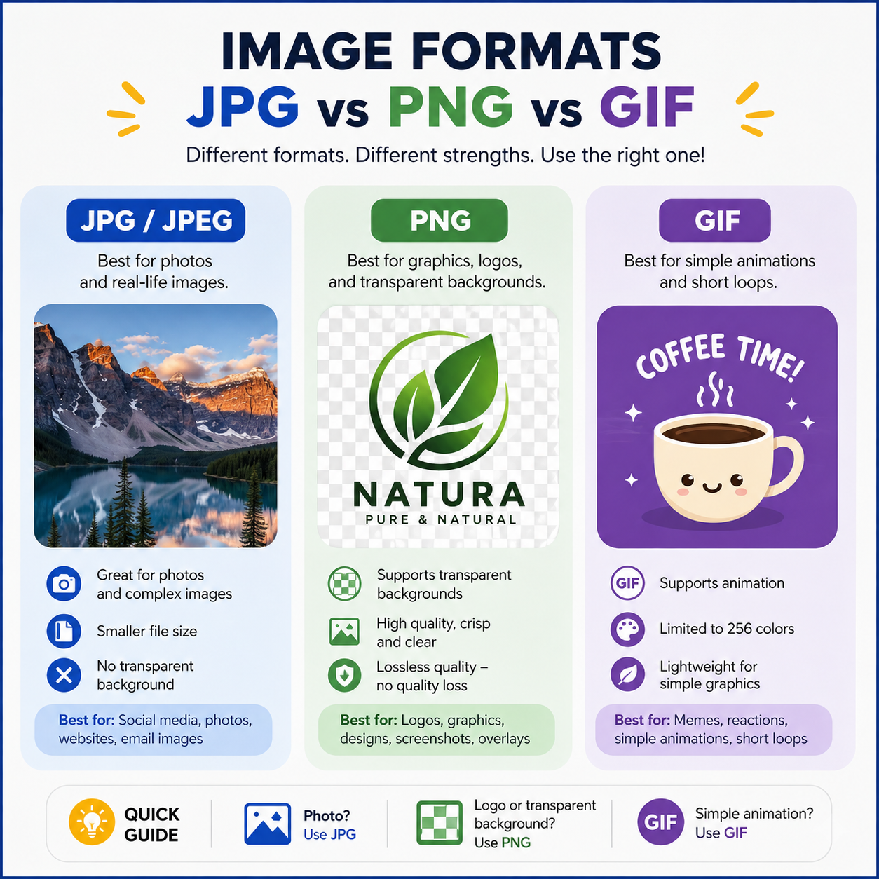 Infographic comparing JPG, PNG, and GIF formats with sample images and features.