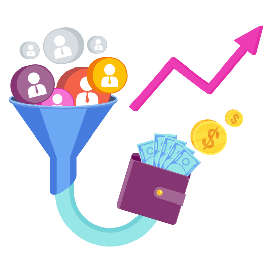 Colorful funnel of people icons feeding into wallet cash and a rising pink growth arrow