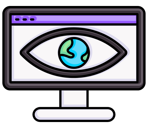 Computer monitor with a purple browser window and an eye icon over a globe on screen