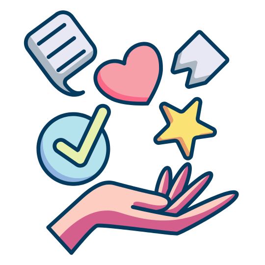 Hand holding heart, star, checkmark, speech bubble, and message icons in soft pastel colors