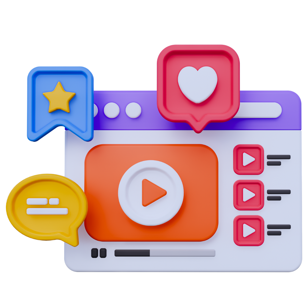 Colorful social media video interface with play button, chat bubbles, star, heart, and list icons