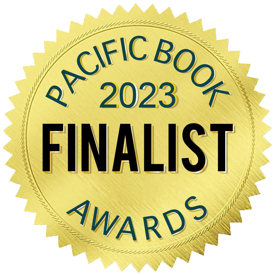 Gold seal reading “Pacific Book Awards 2023 Finalist” with black text and scalloped edge.