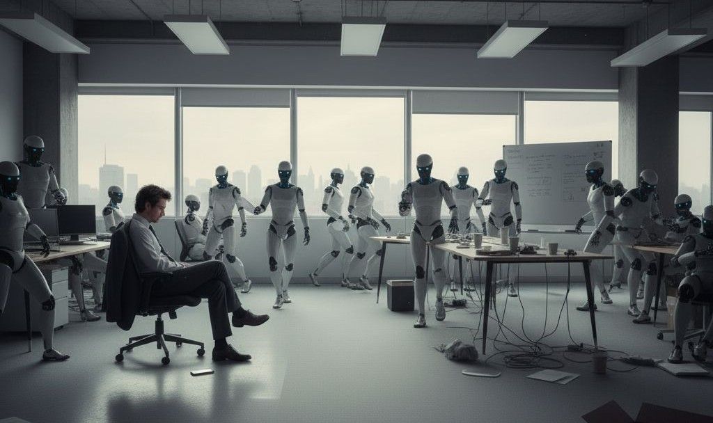 Monely CEO sits in office chair, surrounded by robots. 