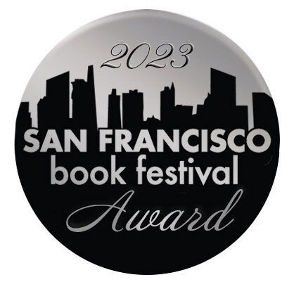 San Francisco Book Festival Award badge, 2023. Silver and black. Skyline silhouette with text overlay.