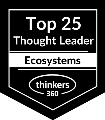 Badge: Top 25 Thought Leader in Ecosystems. White text on black shield with