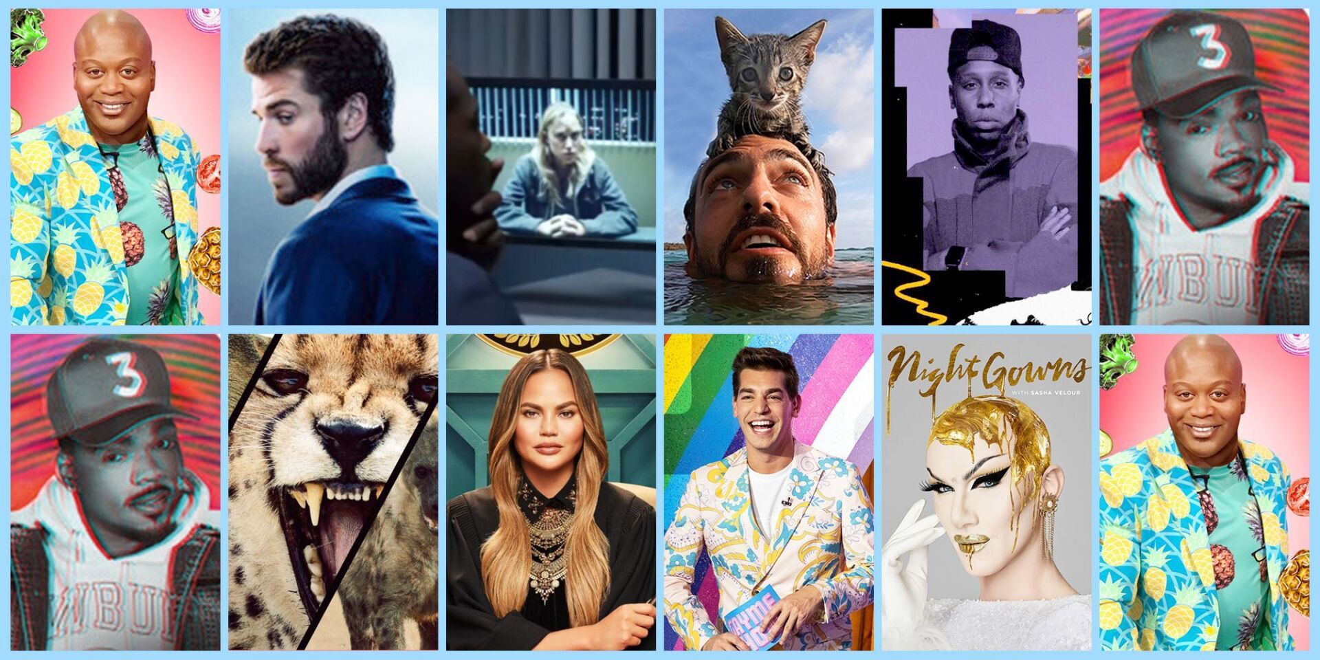 Collage of celebrity portraits, including actors, a cheetah, and a drag queen, arranged in rows.