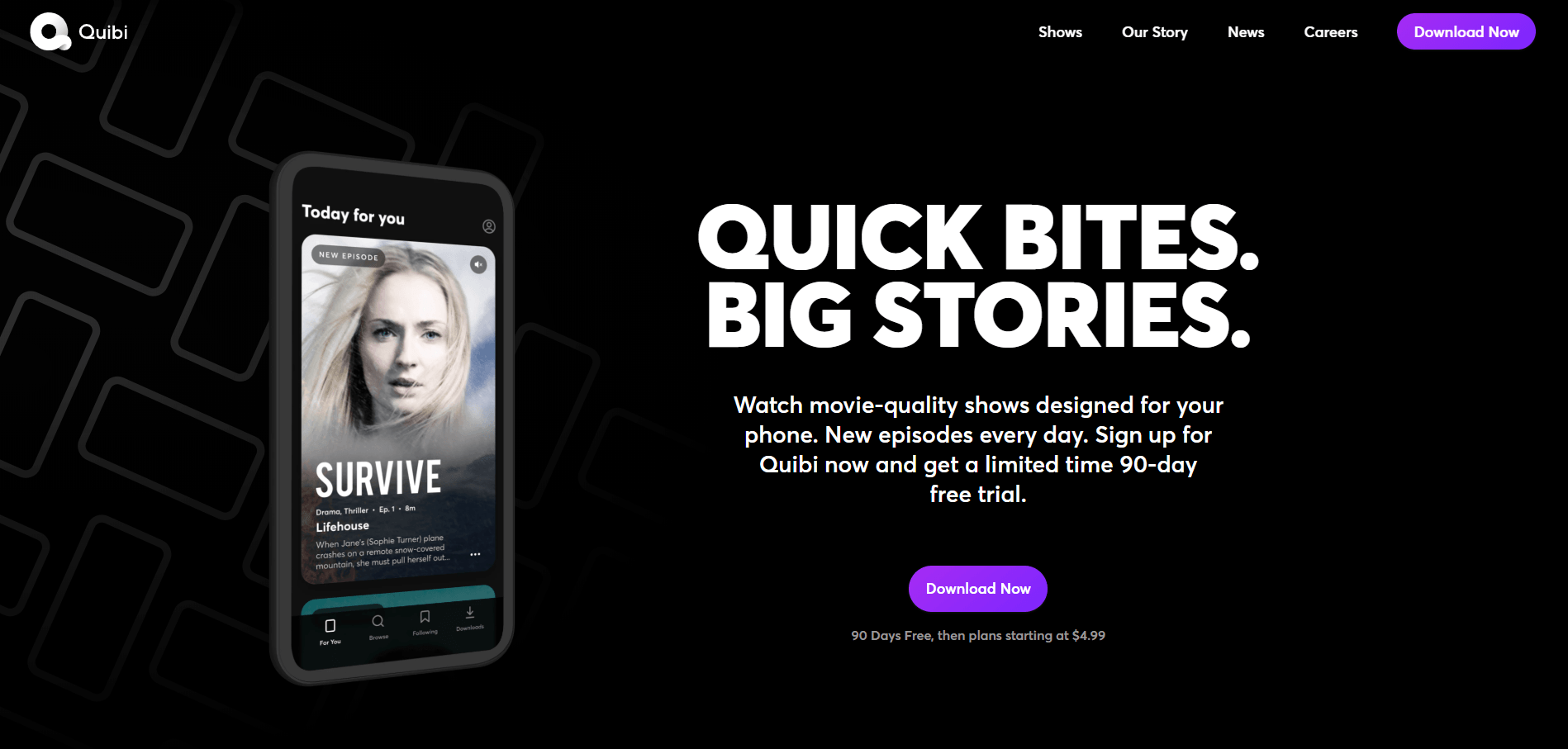 A black phone displays a show titled 