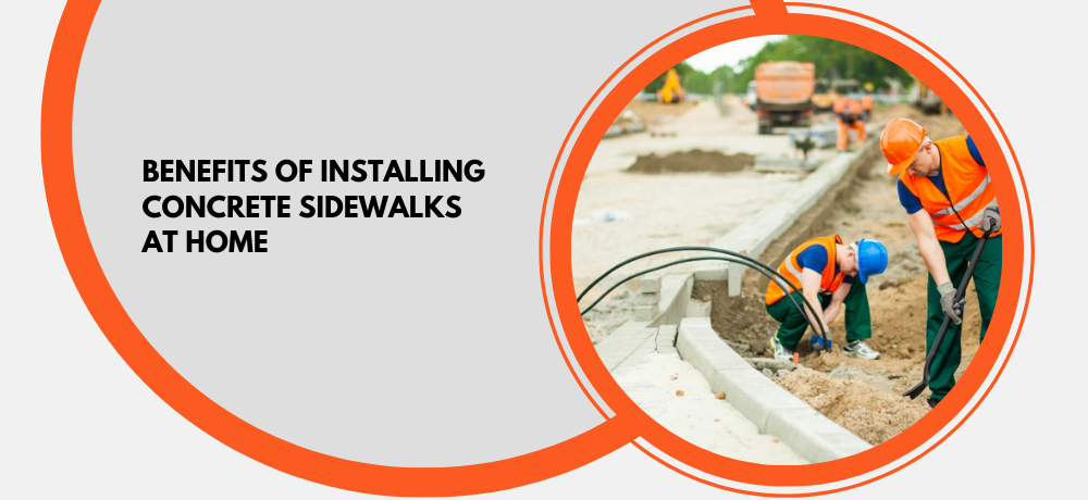 A group of construction workers are installing concrete sidewalks at home.