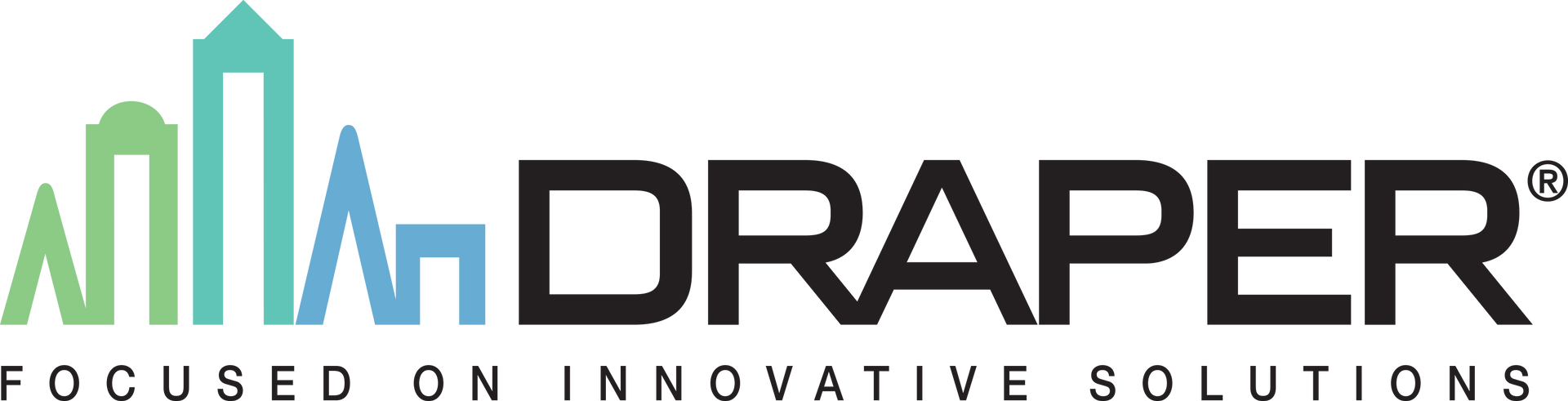 Draper logo with stylized cityscape in shades of green and blue, and the word