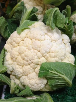 A close up of a head of cauliflower with green leaves.