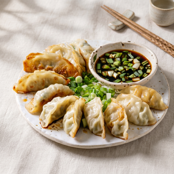 Plate of pan-fried dumplings with green onions and soy dipping sauce on a light table