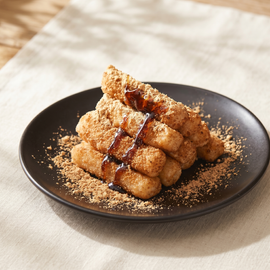 Stacked churros dusted with sugar on a black plate on a light tablecloth