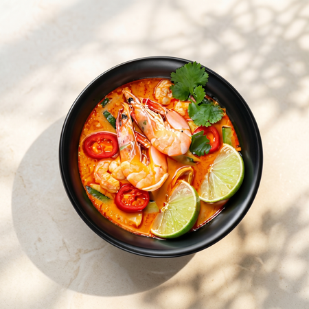 Shrimp soup with lime, cherry tomatoes, and cilantro in a black bowl on a sunlit table
