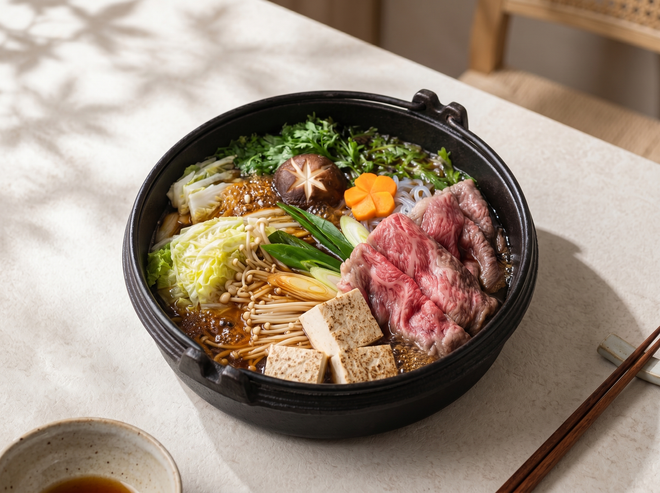 Korean hot pot with beef, vegetables, and mushrooms in a black bowl on a dining table