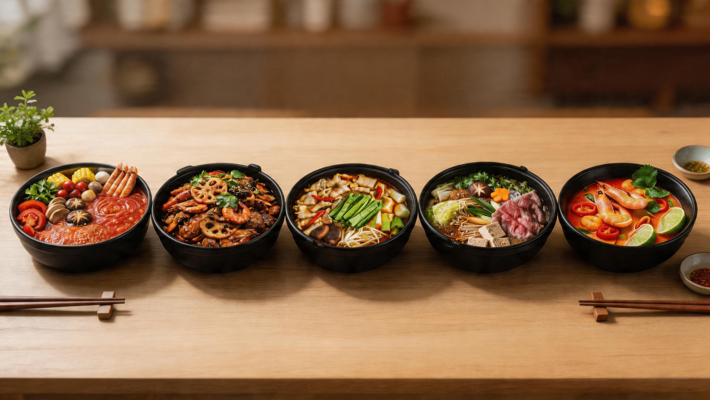 Five bowls of colorful Asian noodle and rice dishes on a table with chopsticks and napkins