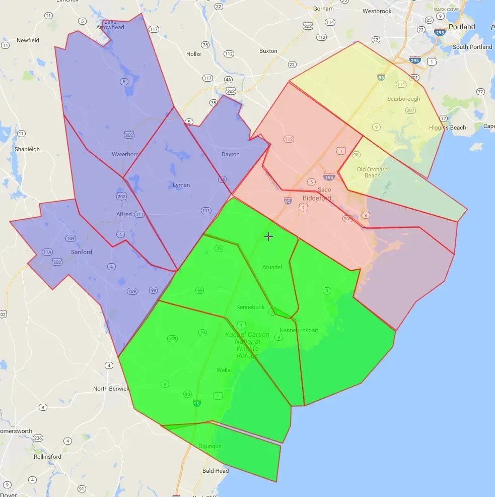 A map of a city divided into different colored areas.