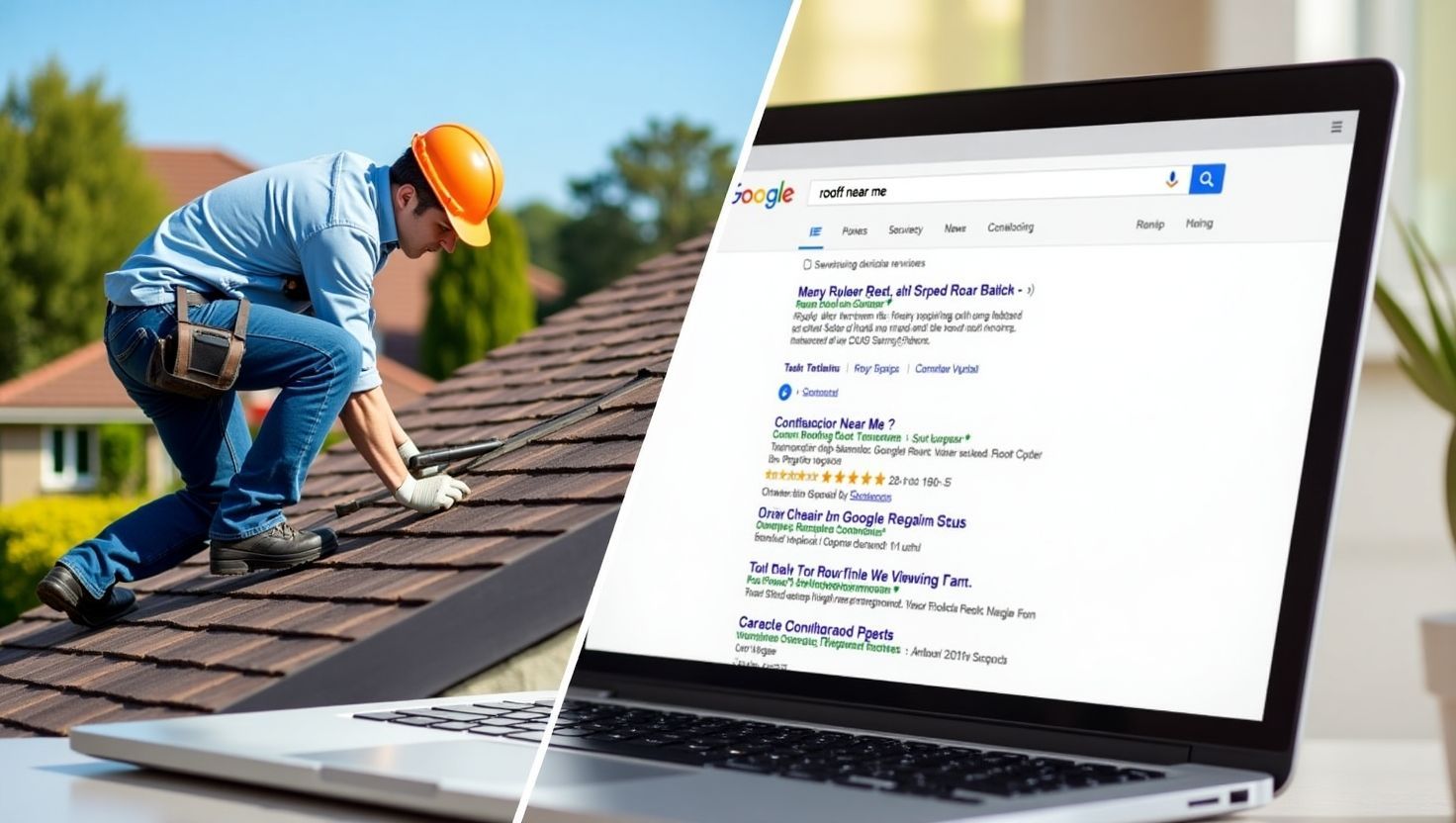 Split-screen image of a roofer repairing shingles and a laptop showing Google search results