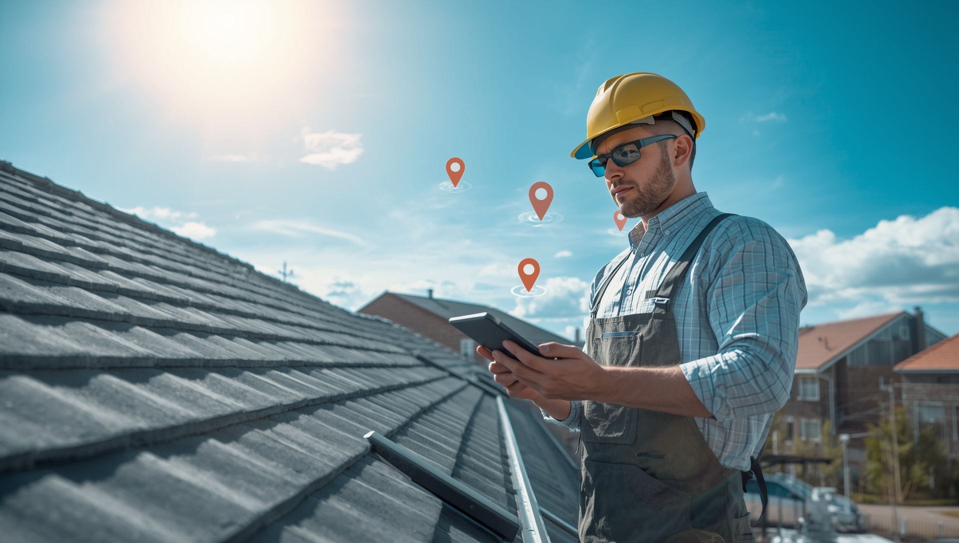 Professional roofer using a tablet with Google Maps location pins, symbolizing local SEO for roofing