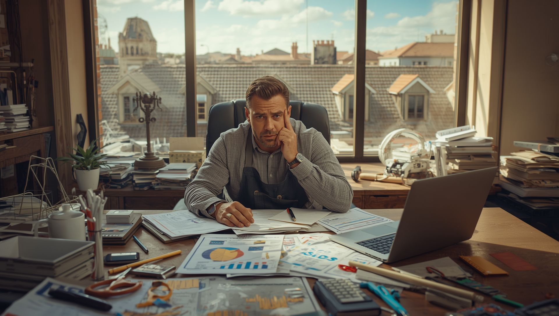 Roofer reviewing confusing marketing data at a cluttered desk with plans, invoices, and laptop