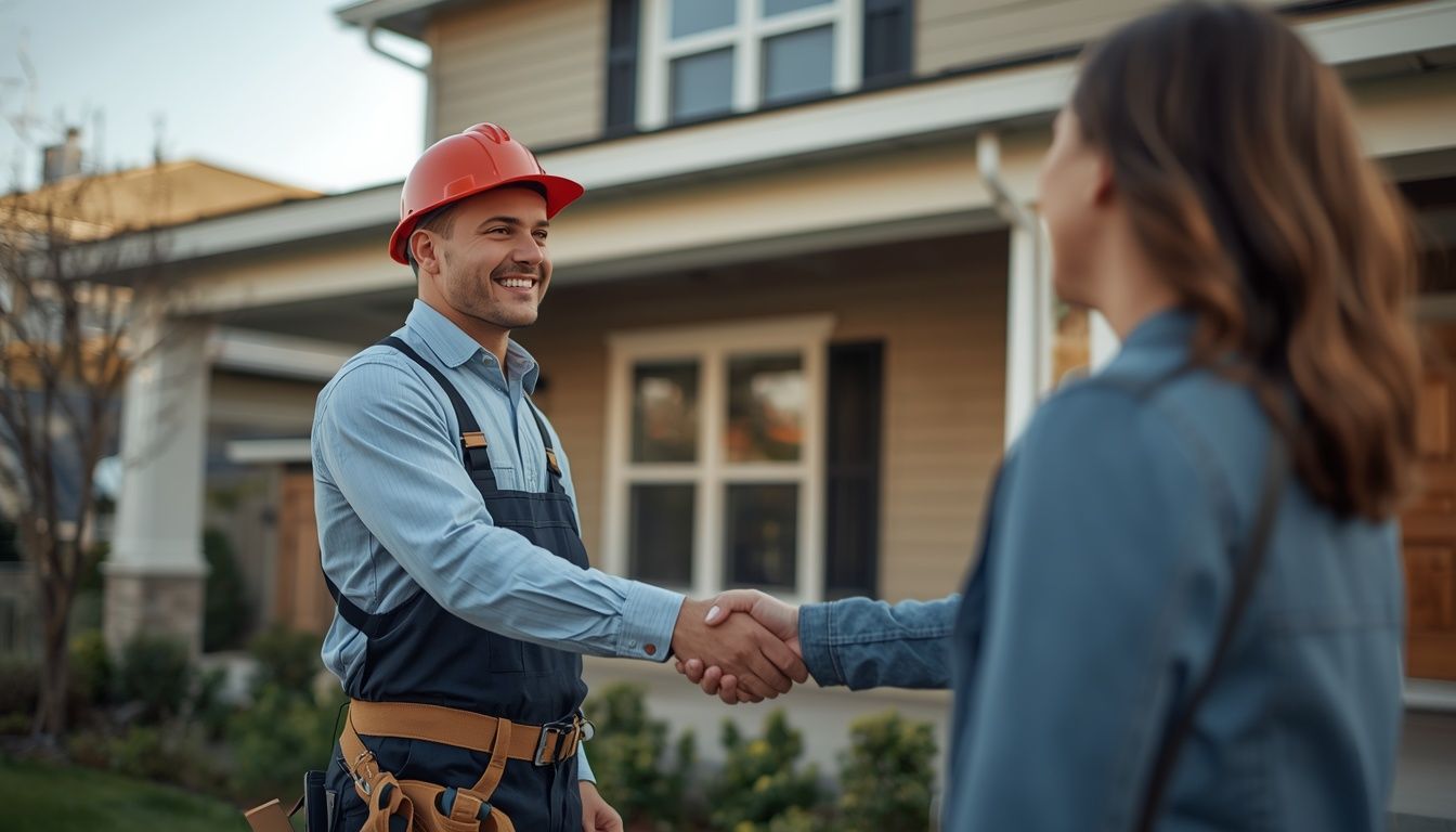 Roofing contractor shaking hands with homeowner after closing a deal