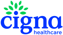 Cigna Healthcare logo with blue text, green leaf icon, and blue dot above the “i”